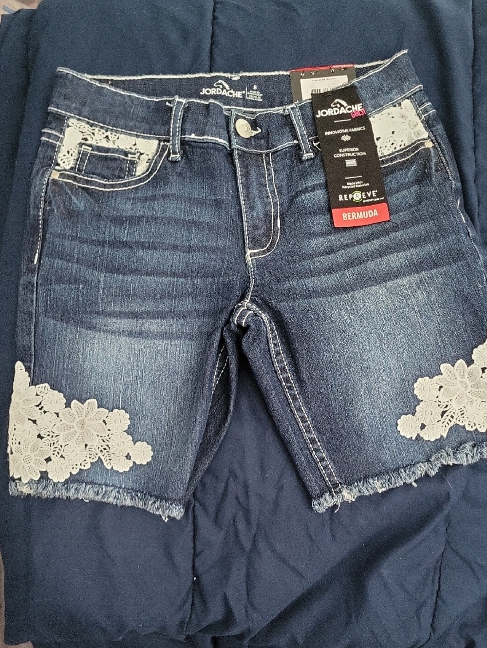 Jordache Blue Denim Bermuda Shorts with White Lace Appliqué